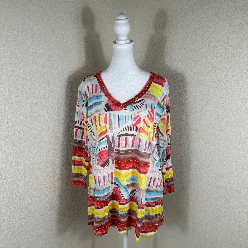 Shana Top Womens Large Red Yellow Abstract Geometric Art to Wear Boho Crinkle